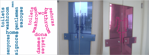 sinalização para porta de banheiro de hotel com diferenciação de cores.