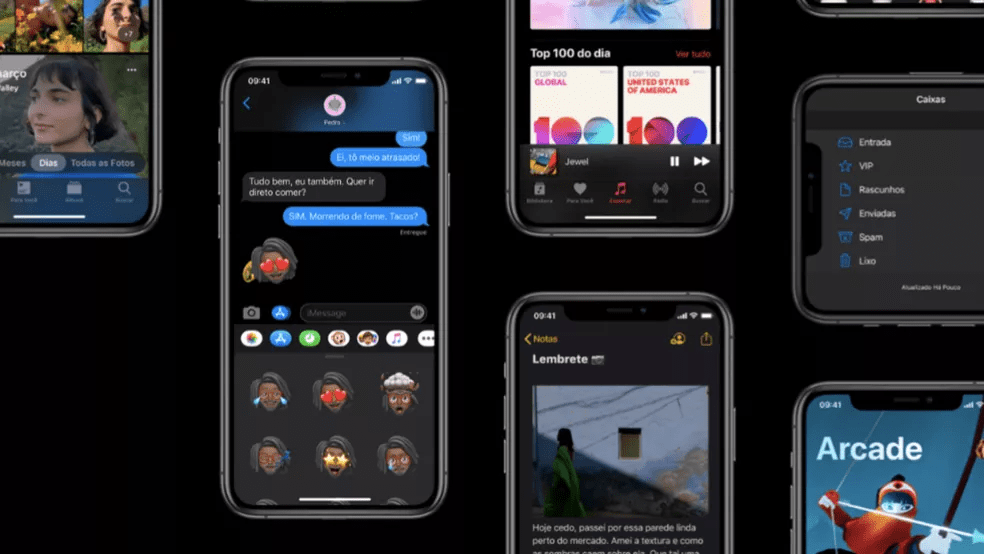 Foto de divulgação da Apple mostrando aplicativos com modo escuro no iPhone