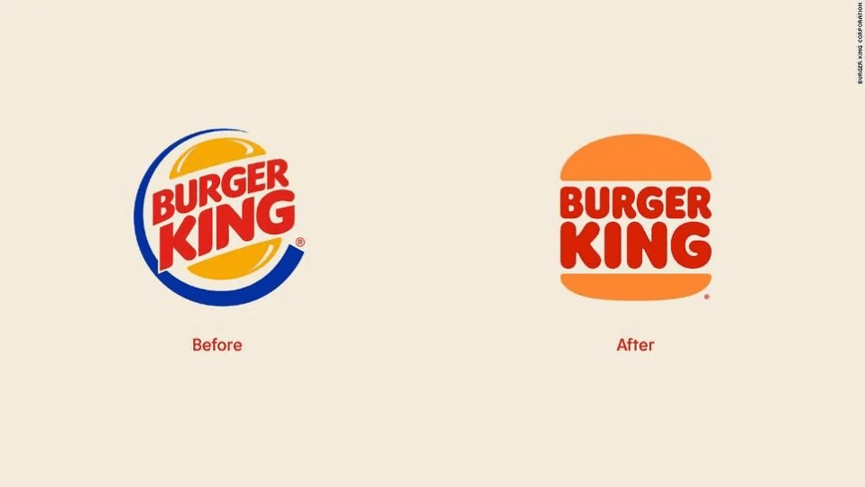 Imagem mostrando o Redesign da marca Burger King, com a marca antiga e a marca nova.